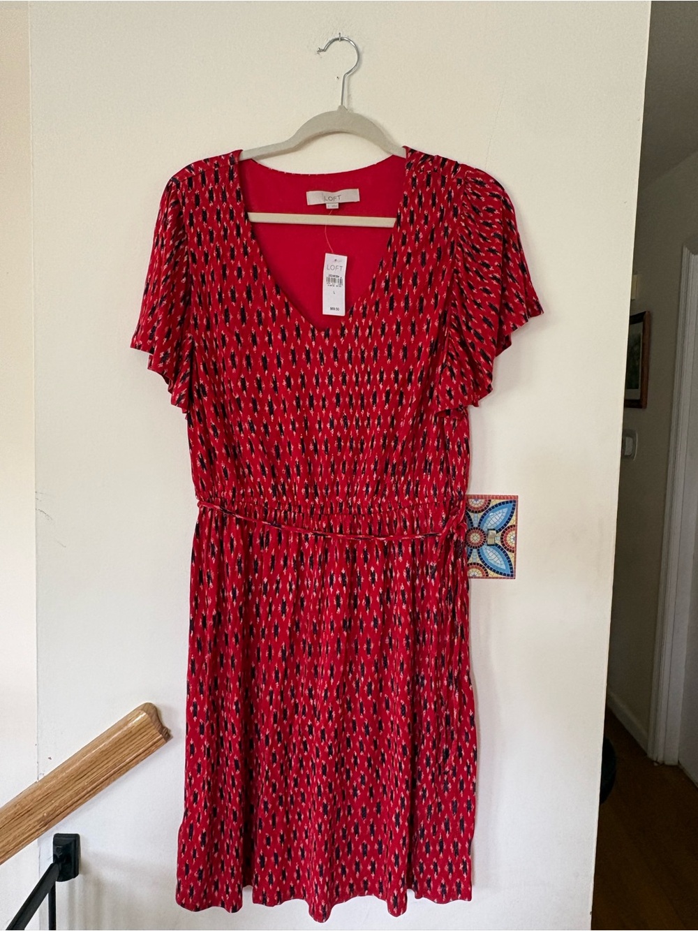 LOFT Red Printed V-Neck Midi Dress with Flutter Sleeves